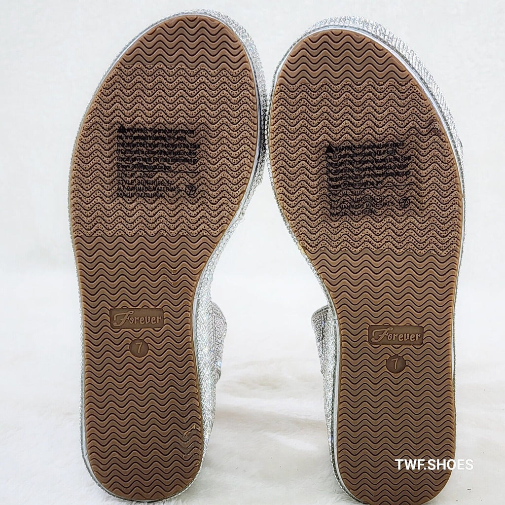 Flashy Silver Ankle Strap Sparkling Rhinestone Wedge 2" Platform Sandals - Totally Wicked Footwear
