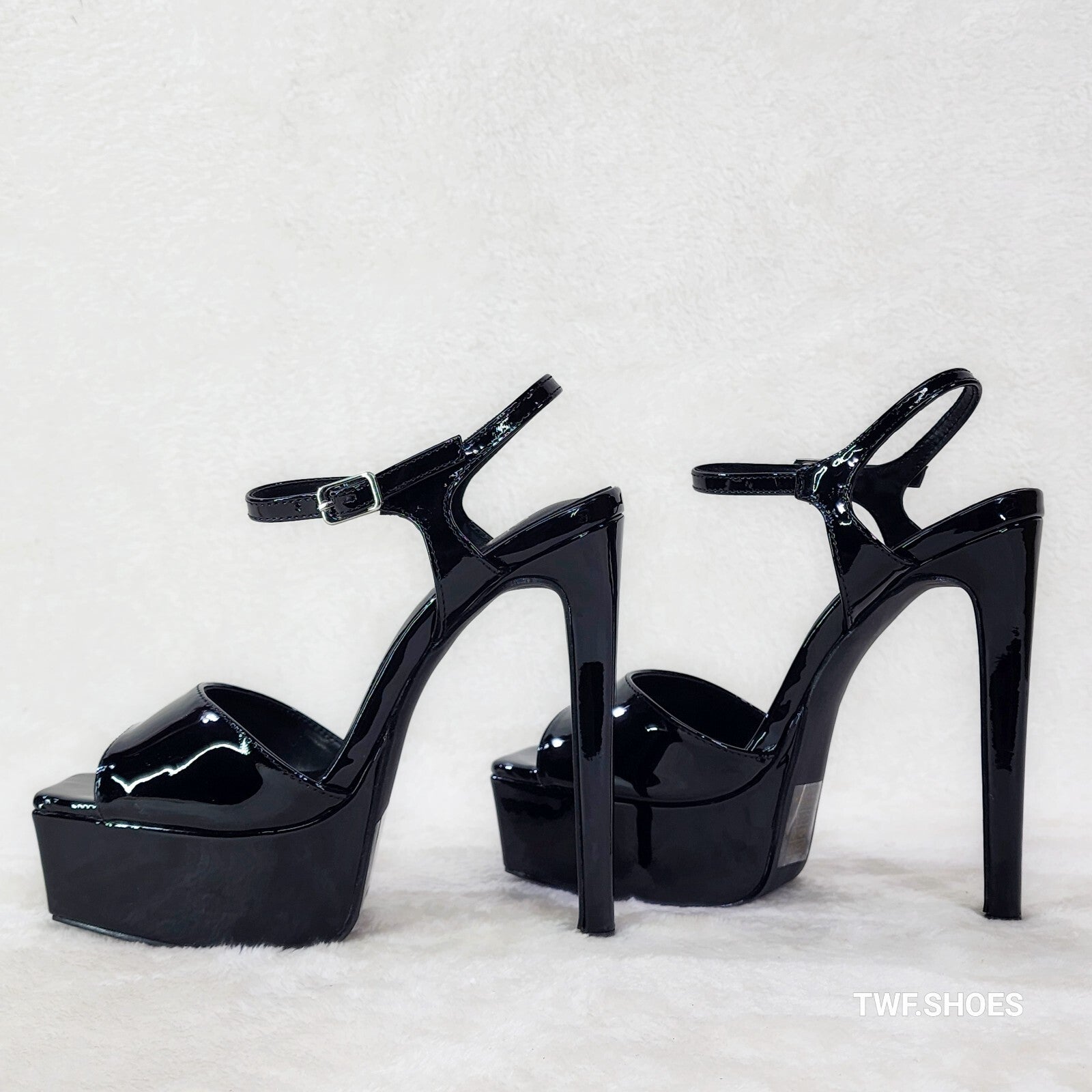 Gwen Glossy Black Patent Platform Open Toe 6" Stiletto High Heel Shoes