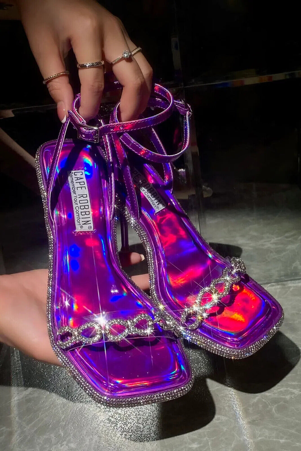 Mini .5" Rhinestone Platform Purple Hologram Upper Wrap Strap Heels Baily - Totally Wicked Footwear
