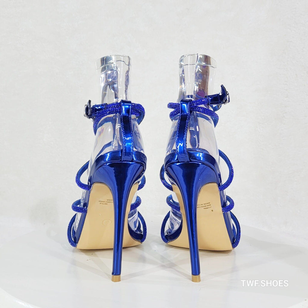 Party Town Blue Metallic Strappy Rhinestone Pointy Toe High Heels