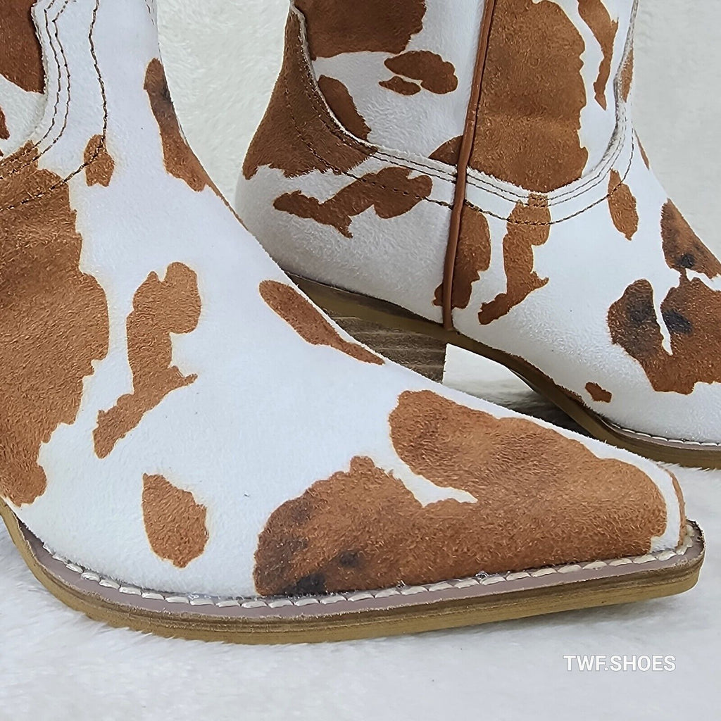 Western Rancher Faux Suede Tan White Cow Print Cowboy Pull On Cowgirl Boots - Totally Wicked Footwear