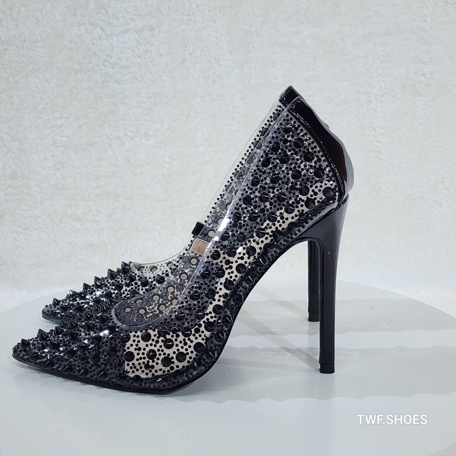Spicy Stiletto PVC Clear Pumps Black Studs & Rhinestone Pumps Stiletto Heels - Totally Wicked Footwear