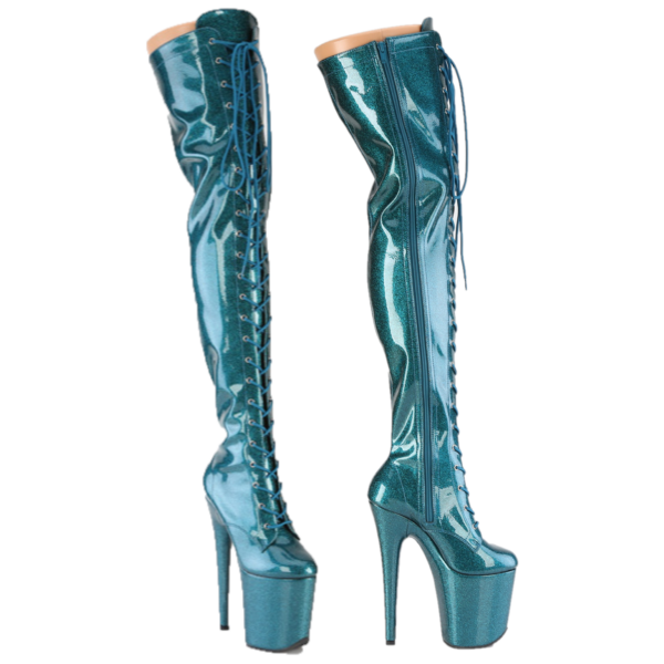 3020 Teal Glitter Patent 3020 Lace Up Thigh High Platform Boots Flamingo 8" Heel - Totally Wicked Footwear