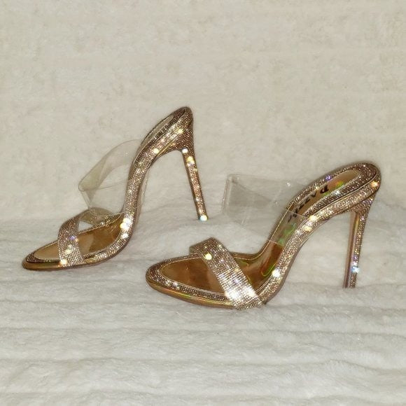 Lee Gold Rhinestone Slip On Double Strap High Heel Clog Mule Shoes