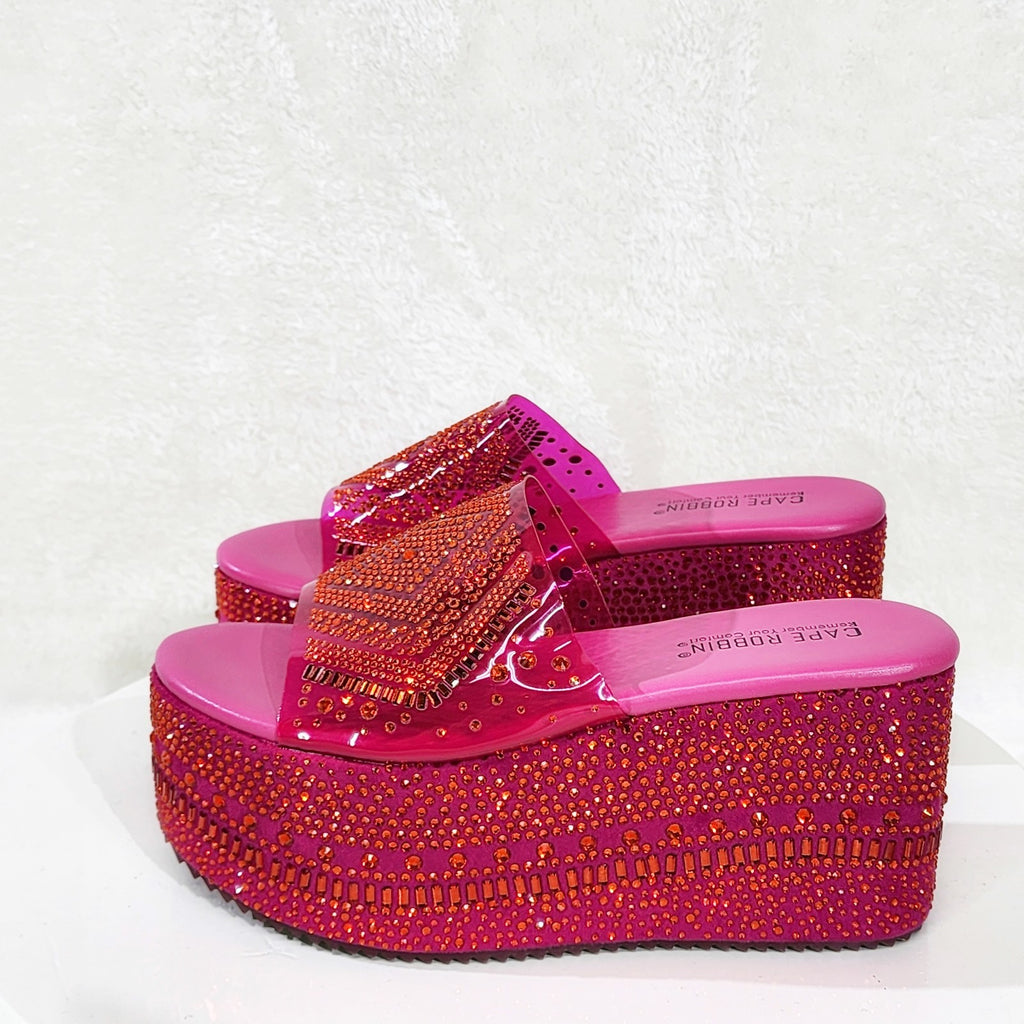 Dazzle Hot Pink Slip On 3" Platform Sparkling Rhinestone Flatform Sandals - Totally Wicked Footwear