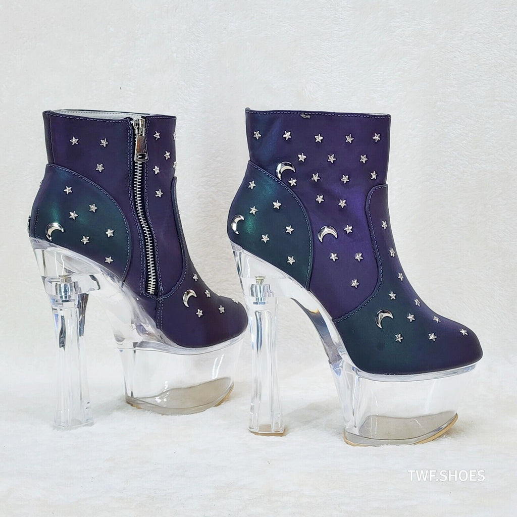 Ocho Purple Multi Reflective Ankle Boots Clear Platform & Chunky Heels Moon Star - Totally Wicked Footwear