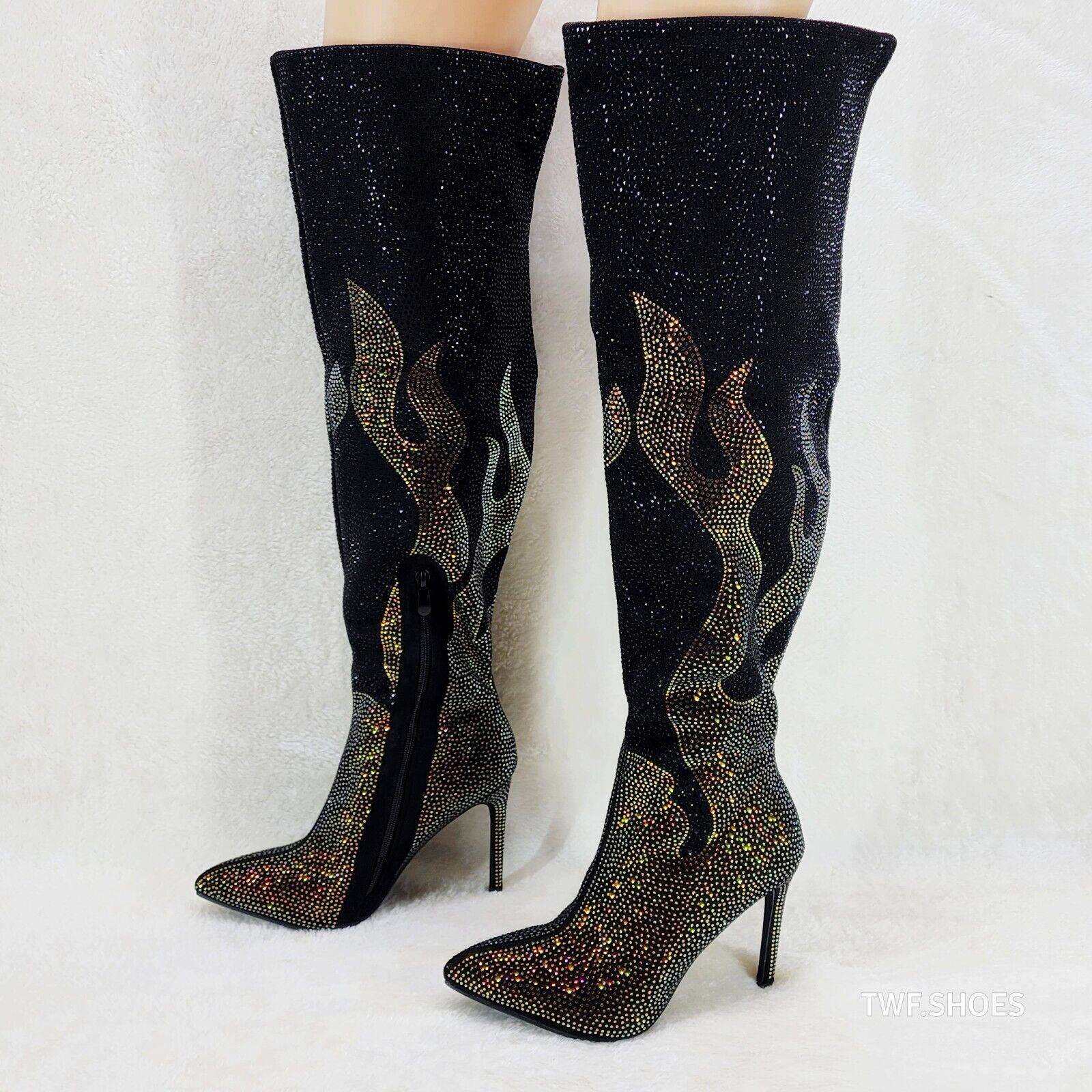 Fiery Desire Black & Gold Rhinestone Flame Detail Sexy OTK Thigh Boots - Totally Wicked Footwear