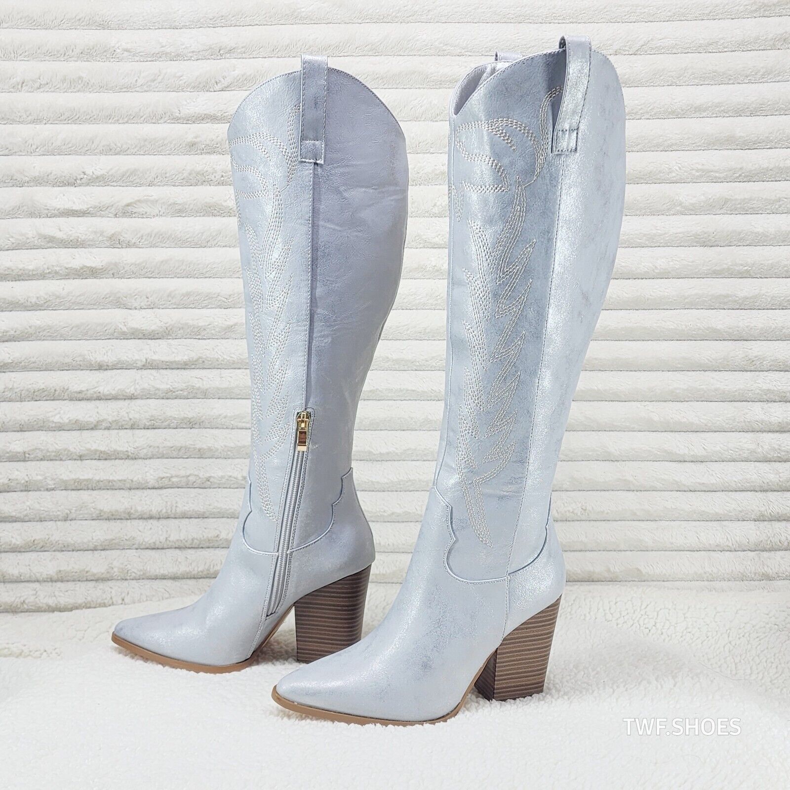 So Me Cruising Brushed Metallic Western Cowgirl Knee Boots Silver - Totally Wicked Footwear