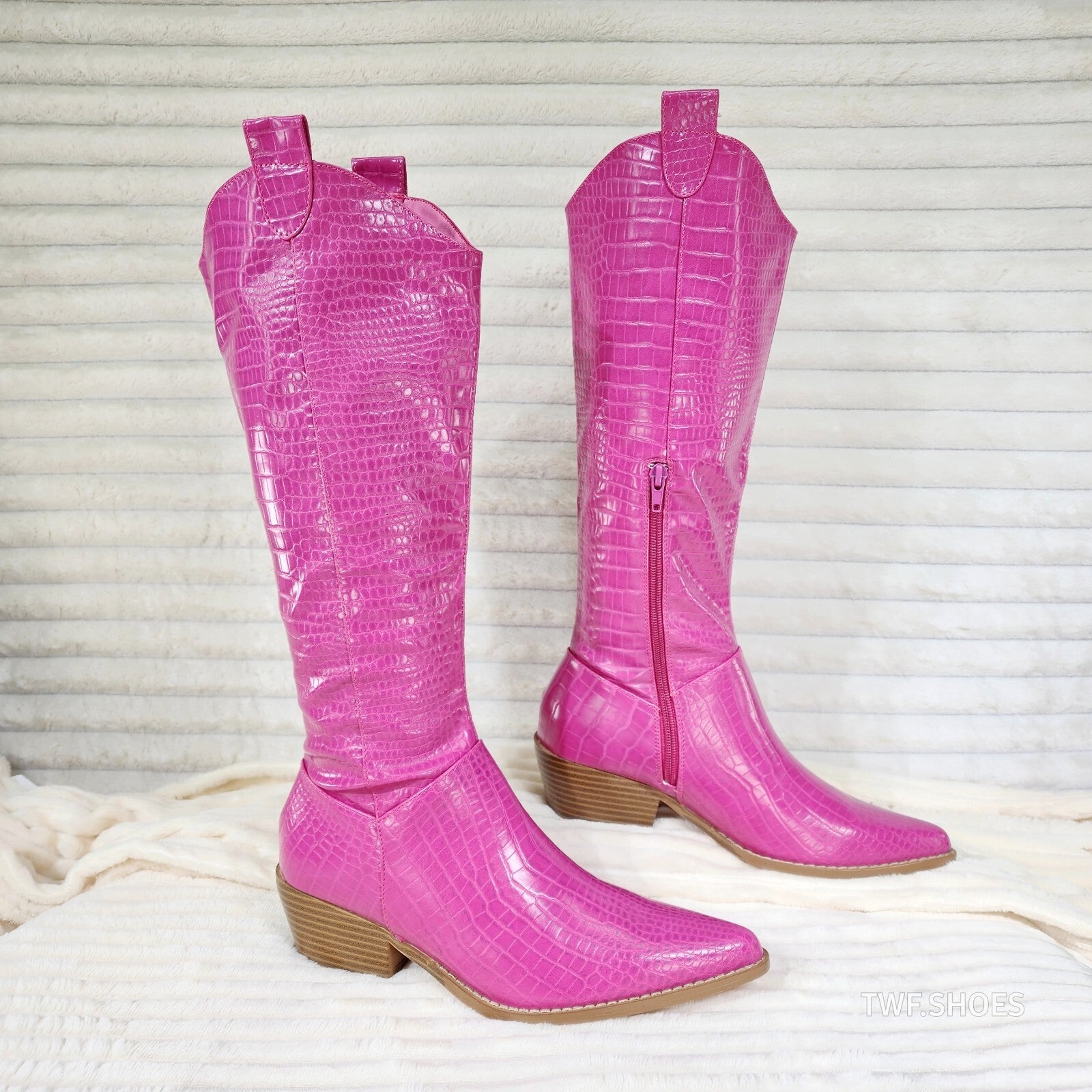 Sassy Fuchsia Hot Pink Snake Texture Western Knee High 2" Heel Cowgirl Boots