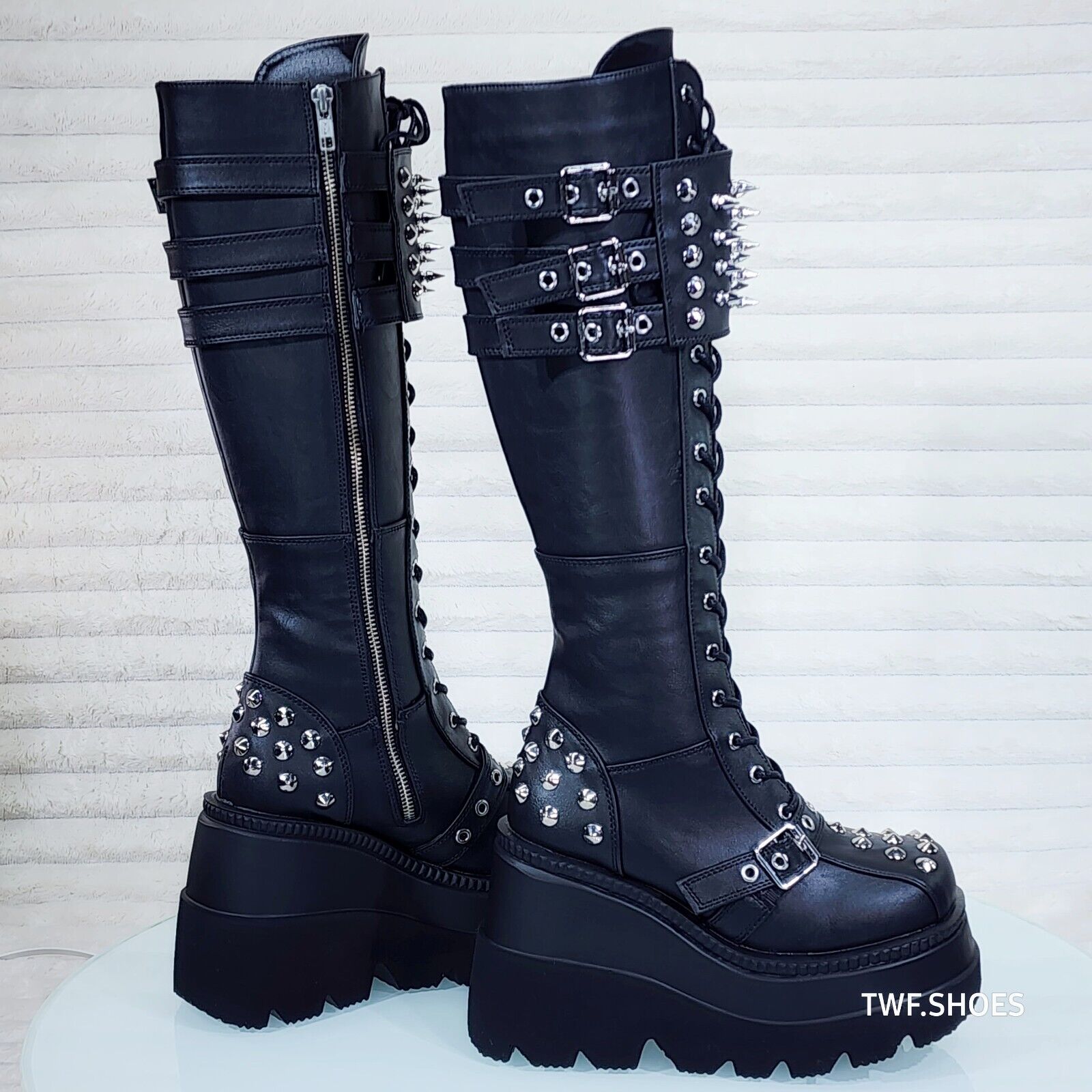 Shaker 225 Black Matte Platform 4.5" Wedge Heel Spiked Knee Boots NY DEMONIA - Totally Wicked Footwear