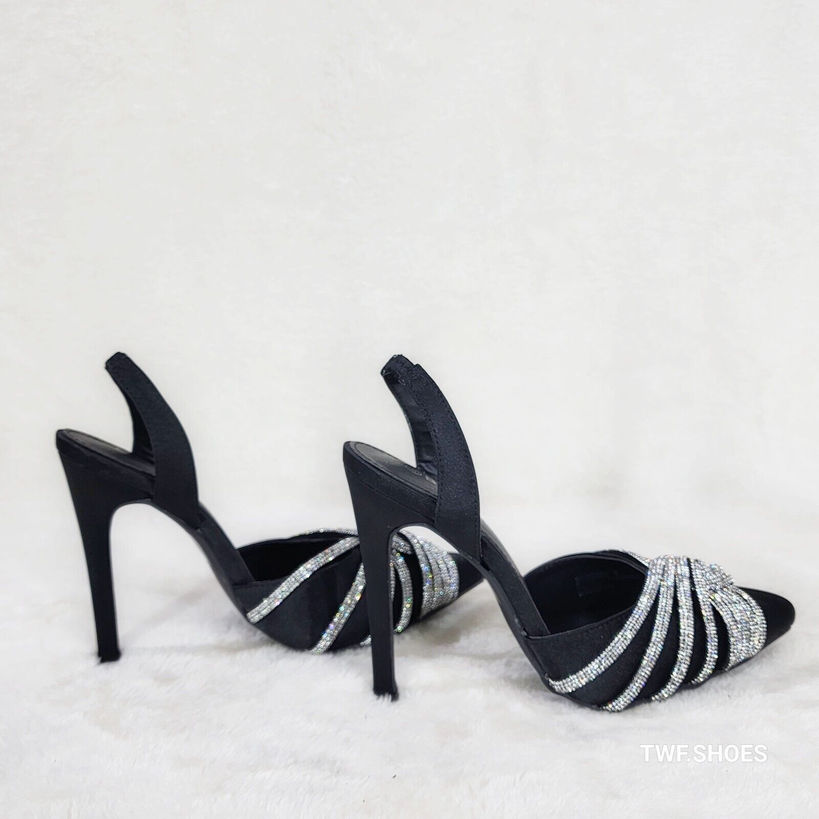 Elegance Slip on Slingback Black Satin Rhinestone Pointy Toe High Heels Shoes - Totally Wicked Footwear