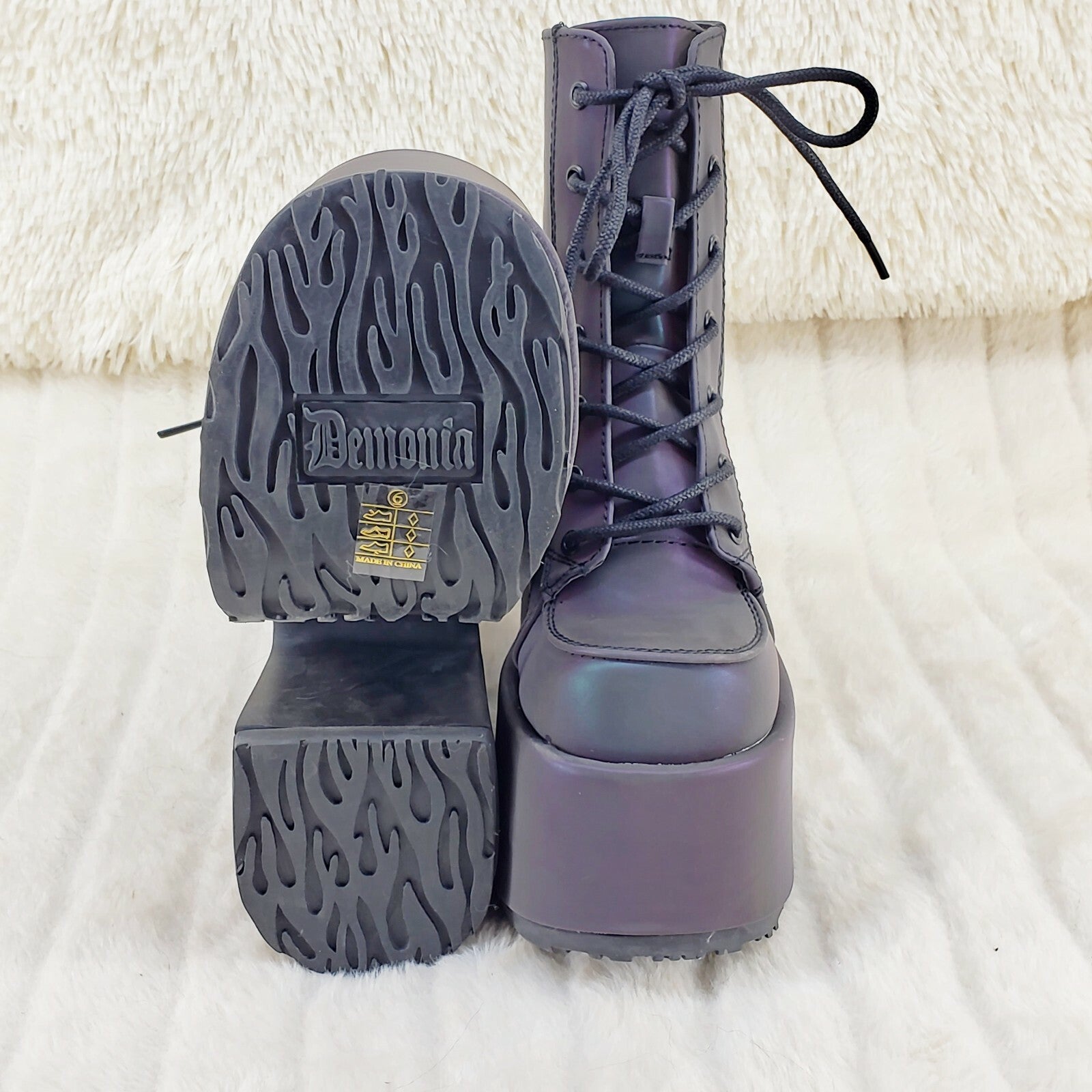 DEMONIA Camel 203 Purple Green Reflective Platform Goth Punk Ankle Boots NY