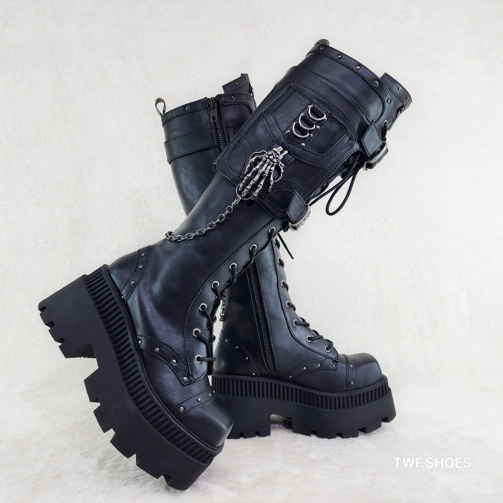 Wicked Wrath Square Toe Goth Lace Up Knee High Boots Skull Hand In House DEMONIA - Totally Wicked Footwear