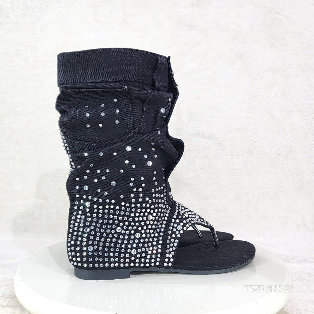 Perplex Black Denim & Rhinestones Sandal Slouch Boots Shooties