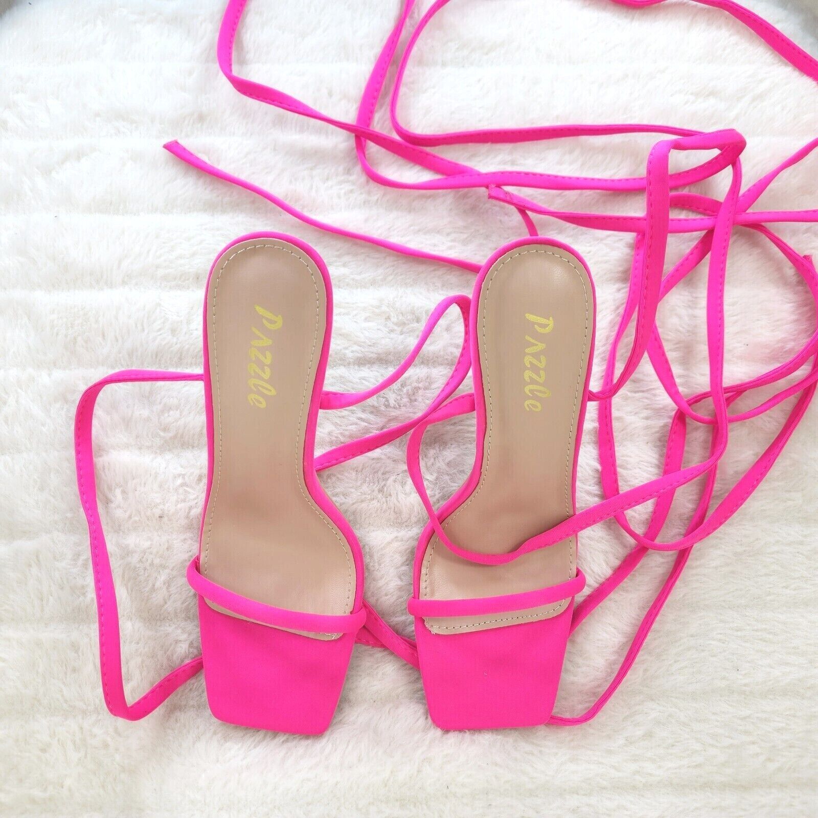Chica Bright Neon Pink Sateen Long Lace Strappy Tie Up High Heel Sandal - Totally Wicked Footwear