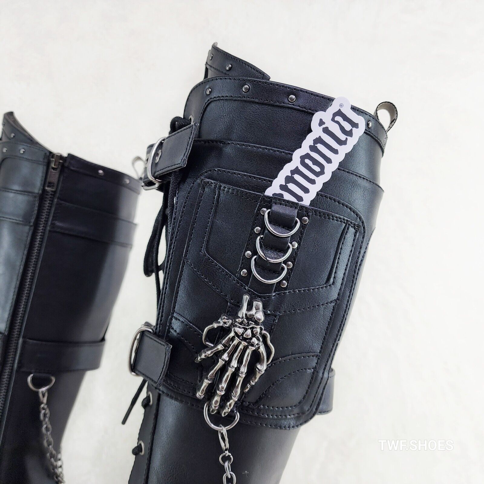 Wicked Wrath Square Toe Goth Lace Up Knee High Boots Skull Hand In House DEMONIA - Totally Wicked Footwear