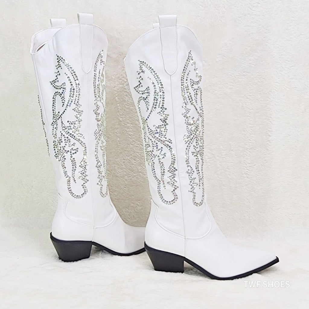 Razzle White Country Western Cowgirl Knee Boots Rhinestone Dazzle - Totally Wicked Footwear