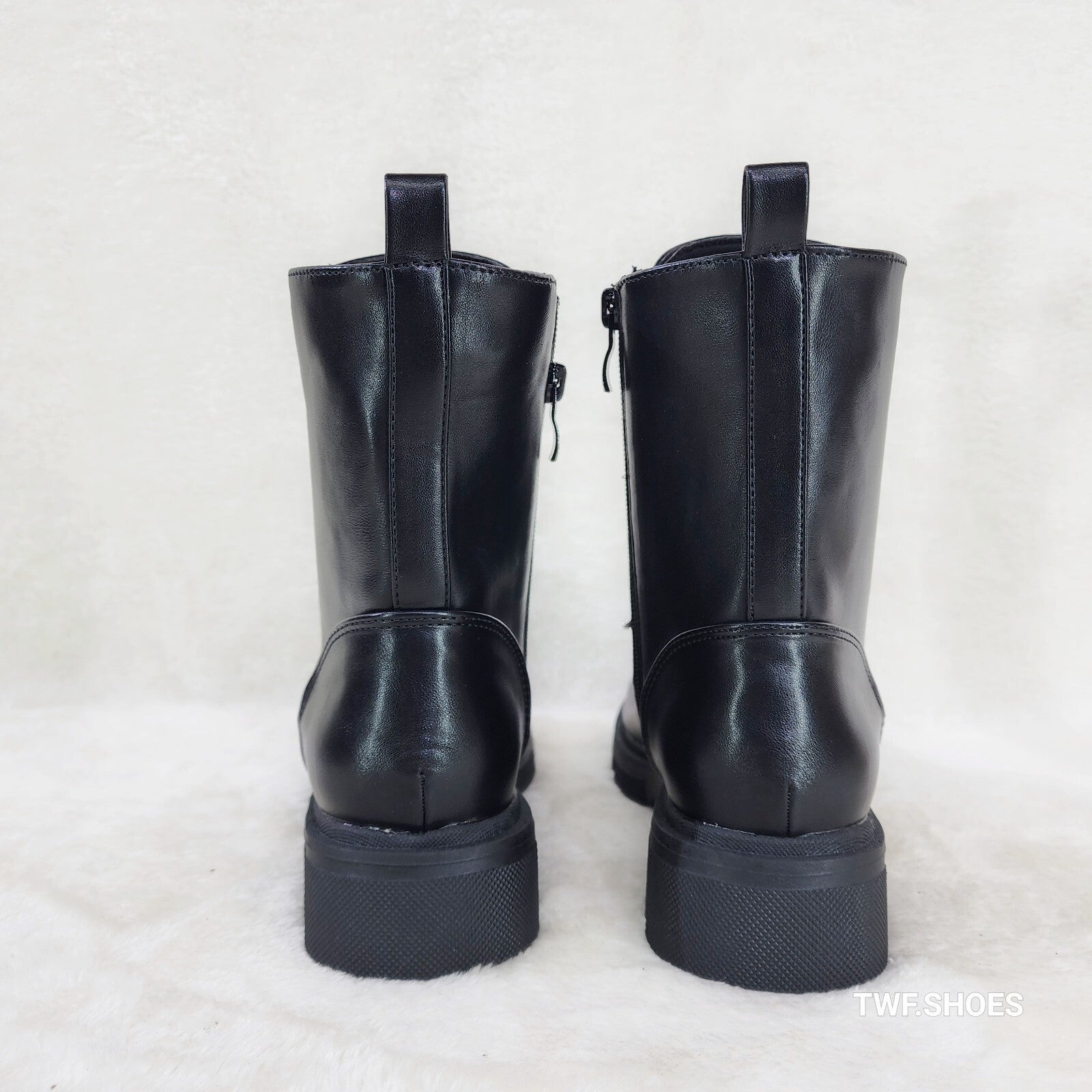 Rylee Black Combat Ankle Boots Iridescent Rhinestone Tongue & Rope Laces