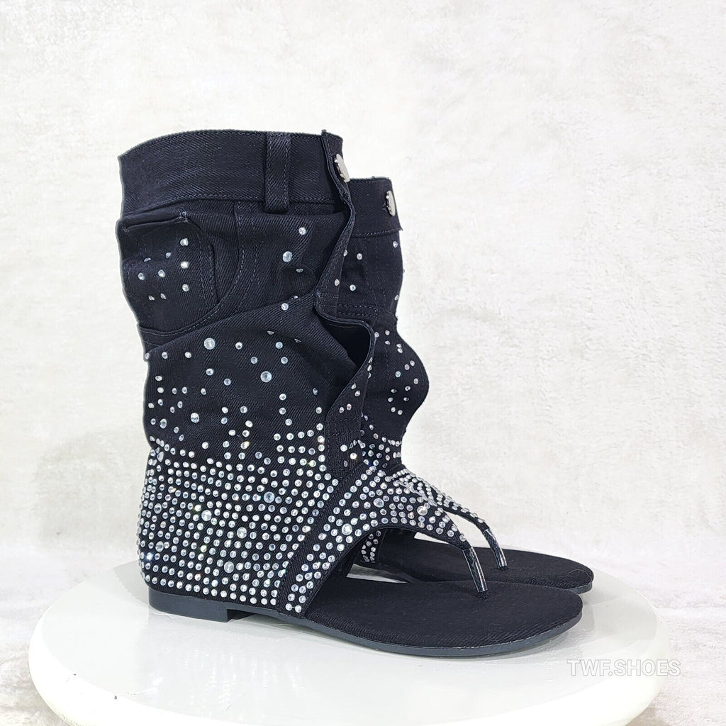 Perplex Black Denim & Rhinestones Sandal Slouch Boots Shooties - Totally Wicked Footwear