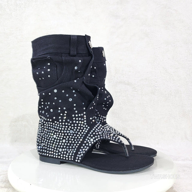 Perplex Black Denim & Rhinestones Sandal Slouch Boots Shooties