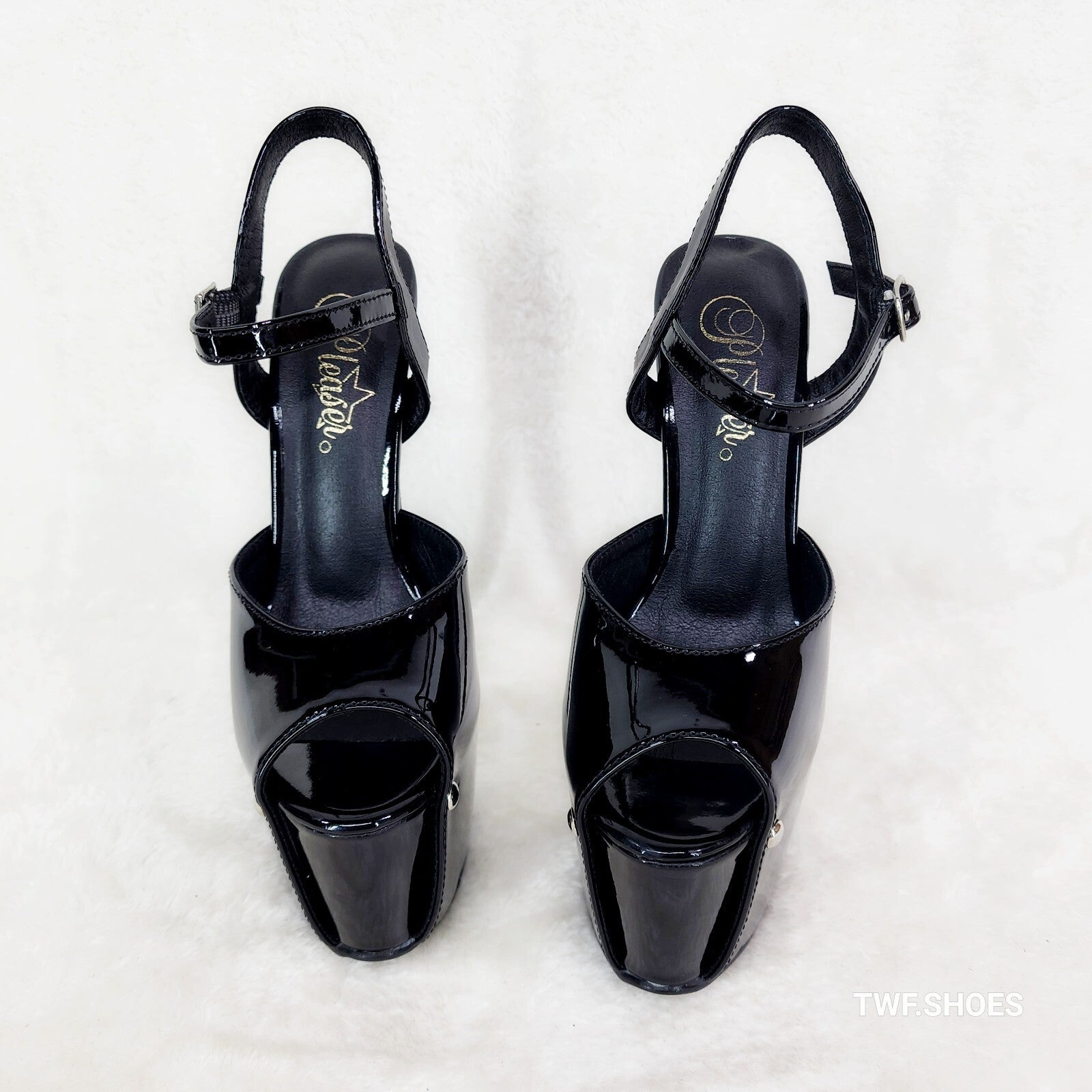 Juicy 9 Black Patent Slim 7" Stiletto Platform Ankle Strap High Heel Shoes