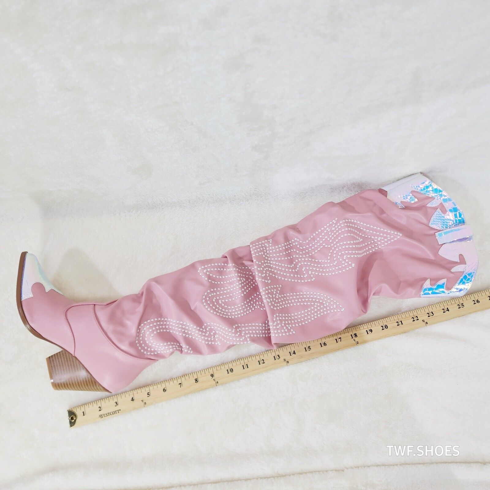 Iconic Country Western Thigh high Cowgirl Boots Baby Pink Hologram Trim - Totally Wicked Footwear