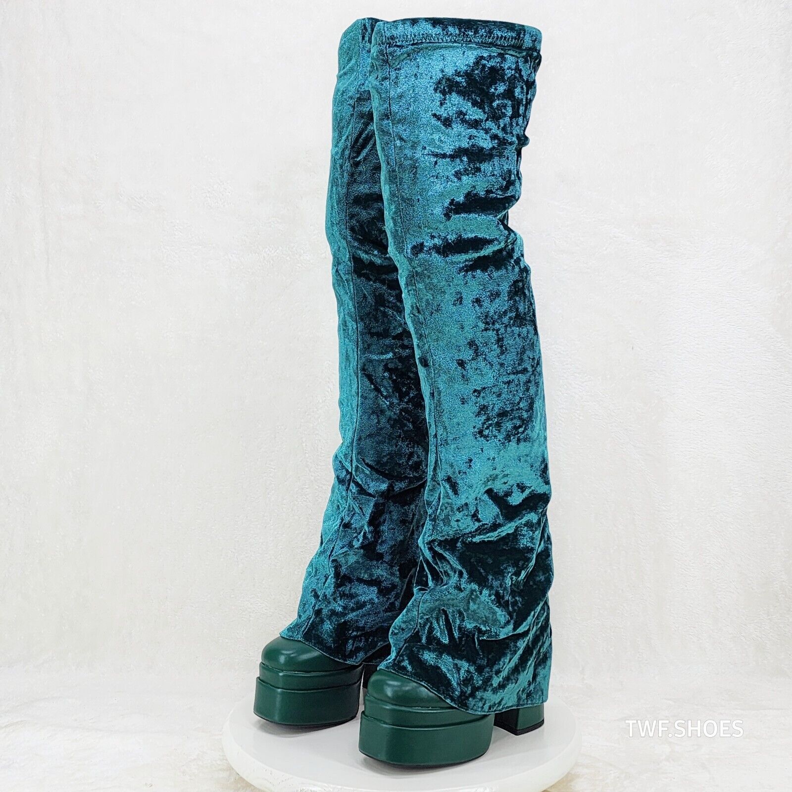 Unique Thigh High Green Velvet Fold over Skirted Chunky Heel Platform Boots - Totally Wicked Footwear