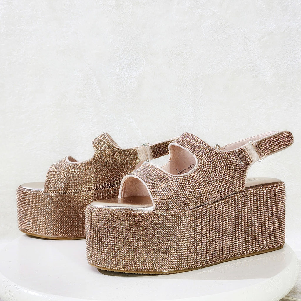 Oh Yeah Rose Gold 3" Platform Sparkling Rhinestone Flatform Slingback Sandals - Totally Wicked Footwear