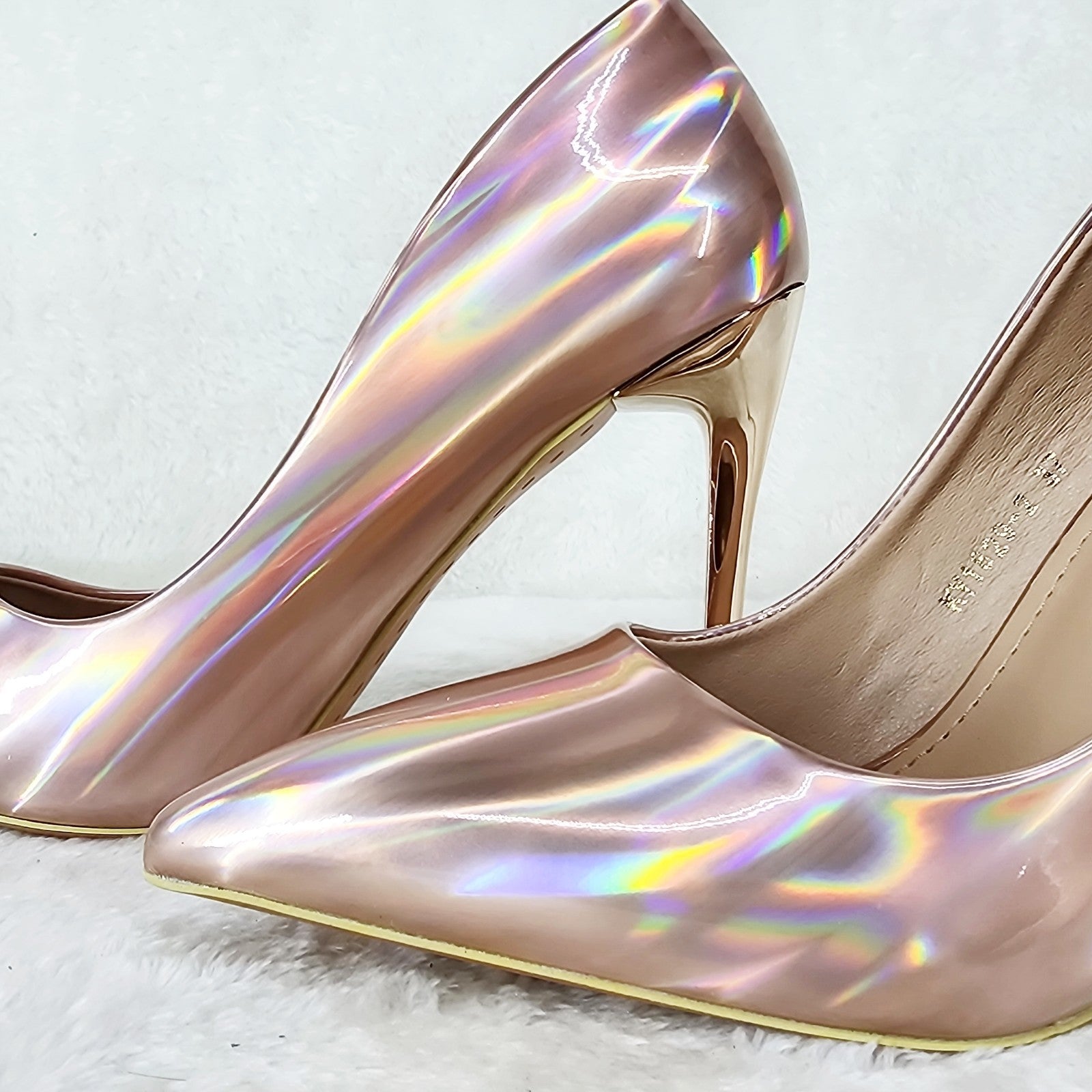 Jewels Champagne Gold Metallic Hologram 4" Heel Stiletto Shoes Pointy Toe Pumps