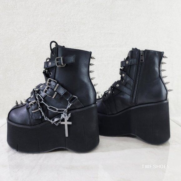 Demonia Kera Goth Platform Wedge Ankle Boots With Chain Charms & Pentagram - Totally Wicked Footwear