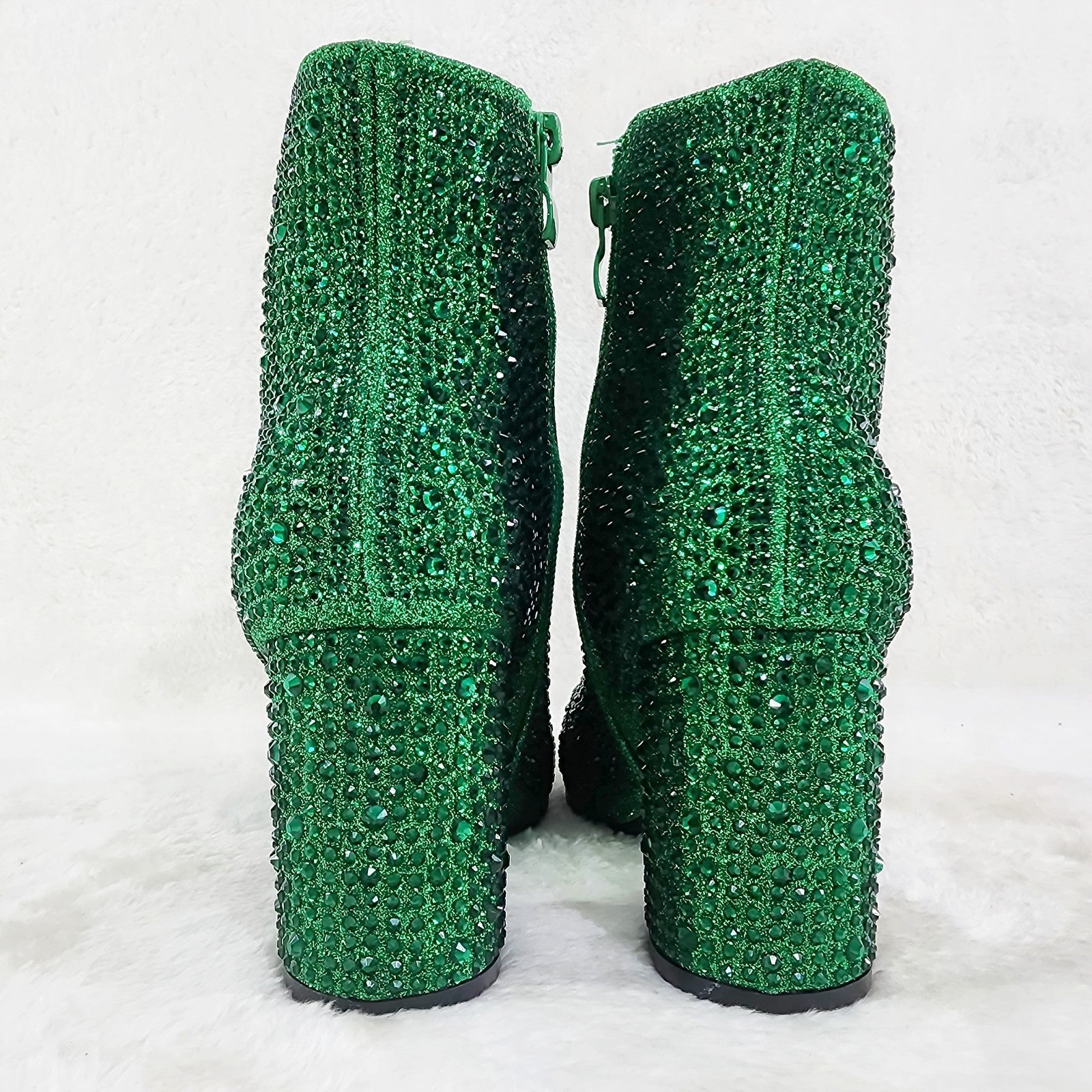 Crystel Emerald Green Rhinestone Block Heel Ankle Boots