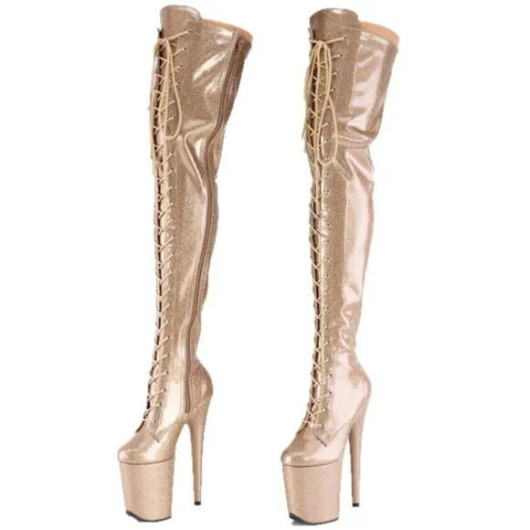 3020 Gold Glitter Patent 3020 Lace Up Thigh High Platform Boots Flamingo 8" Heel - Totally Wicked Footwear