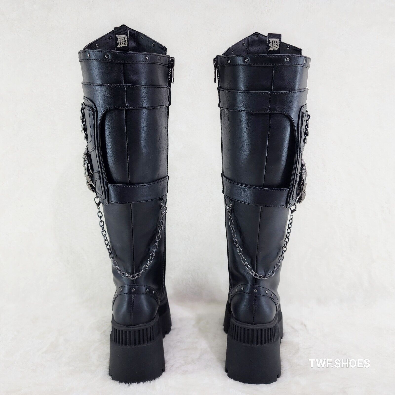 Wicked Wrath Square Toe Goth Lace Up Knee High Boots Skull Hand In House DEMONIA - Totally Wicked Footwear