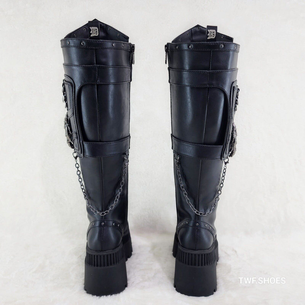 Wicked Wrath Square Toe Goth Lace Up Knee High Boots Skull Hand In House DEMONIA