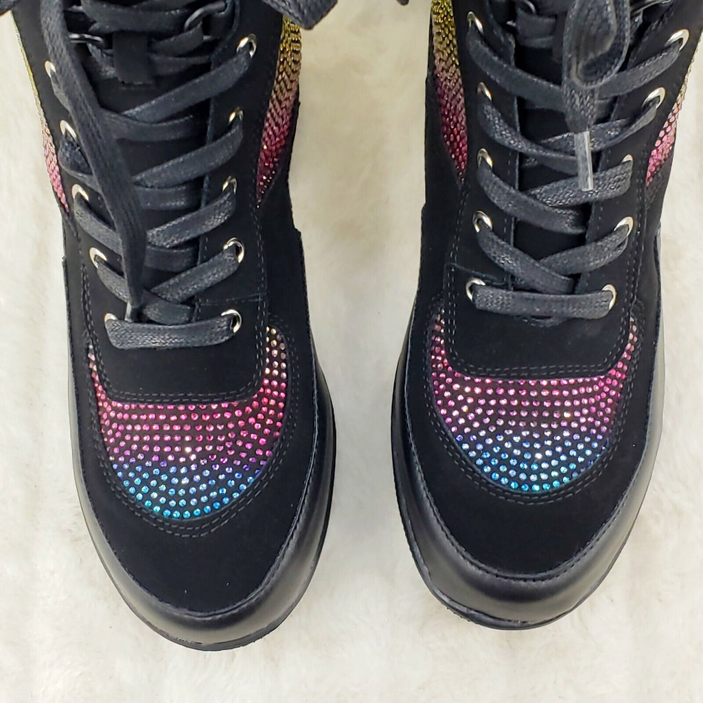 Queen Pin 2 Rainbow Rhinestone Lace Up Platform Combat Ankle Boots Restocked - Totally Wicked Footwear