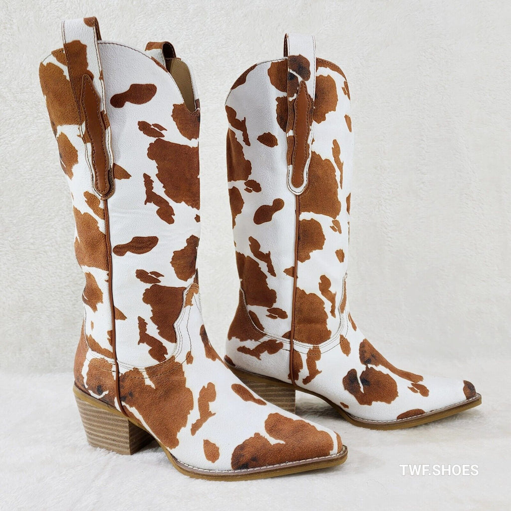 Western Rancher Faux Suede Tan White Cow Print Cowboy Pull On Cowgirl Boots - Totally Wicked Footwear