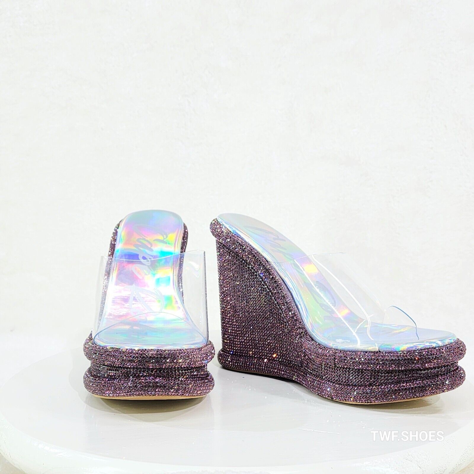 Zesty Purple Hologram Rhinestone Platform Wedge Heel Slip On Sandals - Totally Wicked Footwear