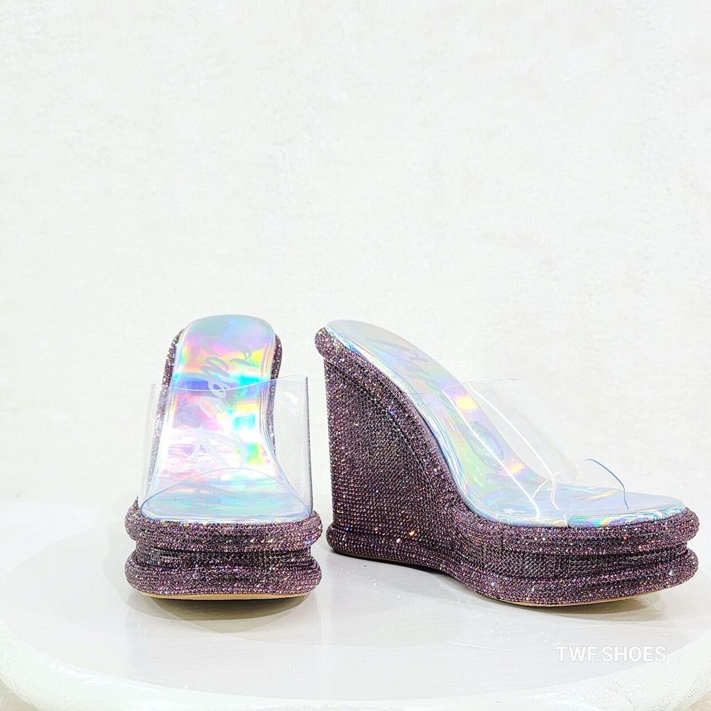 Zesty Purple Hologram Rhinestone Platform Wedge Heel Slip On Sandals