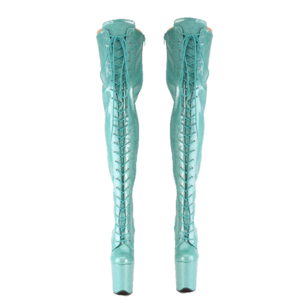 3020 Aqua Glitter Patent 3020 Lace Up Thigh High Platform Boots Flamingo 8" Heel - Totally Wicked Footwear