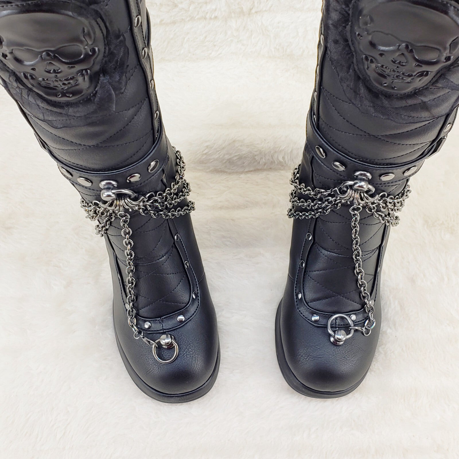 Crypto 67 Coffin Skull & Chain Black Mid Calf Platform Heel Gothic Boots NY