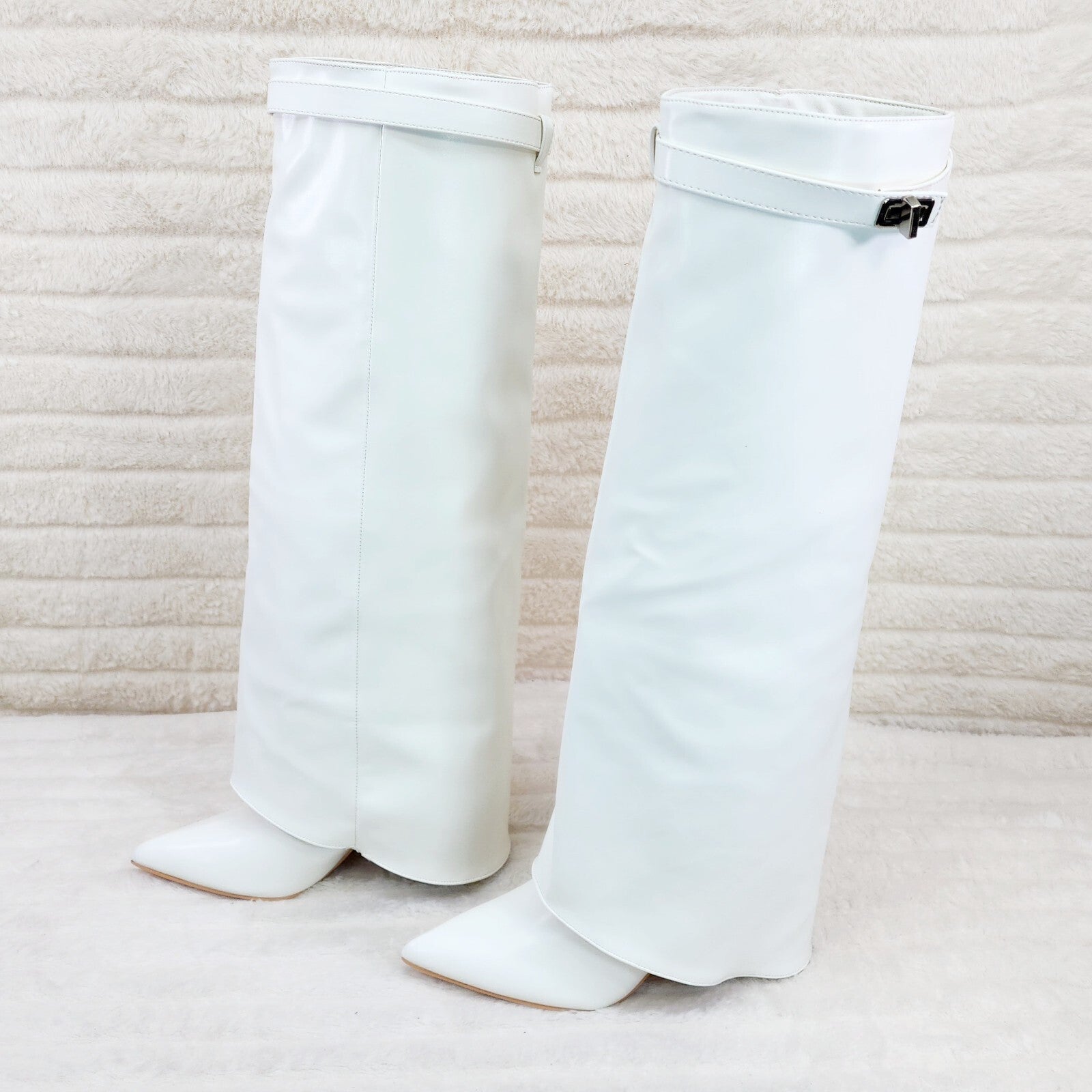 Paris White Skirted Fold Over 3.5" Block Heel Knee High Boots