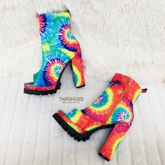 Trippin Colorful Tie Dye Open Toe Chunky Platform Heel Ankle Boots