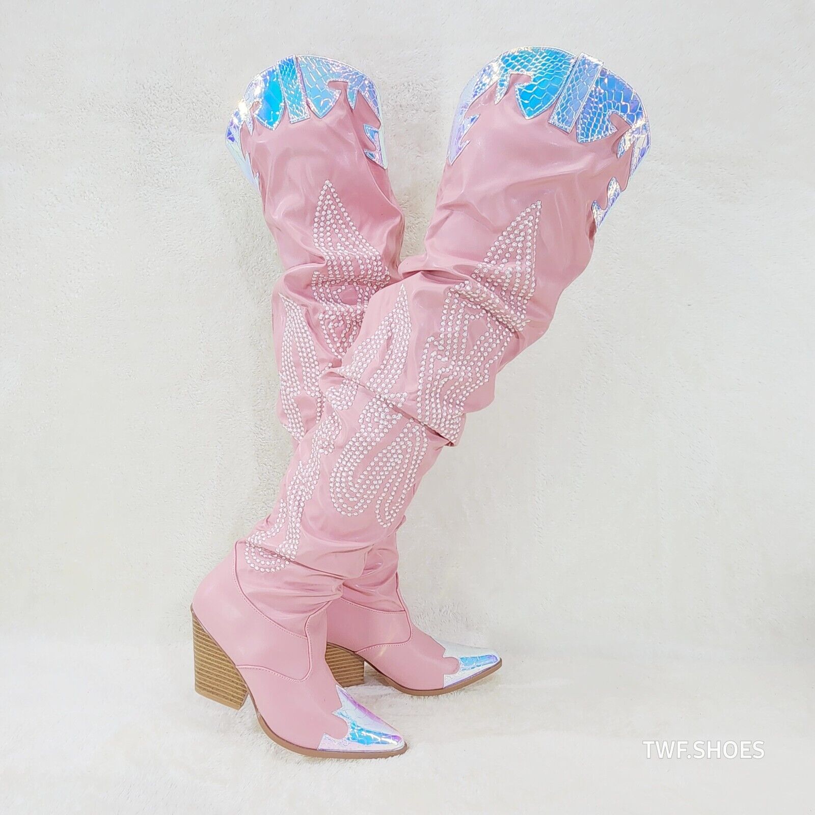 Iconic Country Western Thigh high Cowgirl Boots Baby Pink Hologram Trim - Totally Wicked Footwear