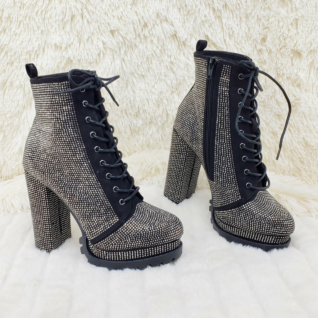 Wild Diva Vivian Lug Sole Rhinestone Chunky Block High Heel Ankle Boots Booties