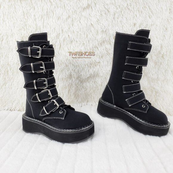 Emily 341 Black Canvas 2" Platform Mid Calf Combat Boots NY DEMONIA - Totally Wicked Footwear