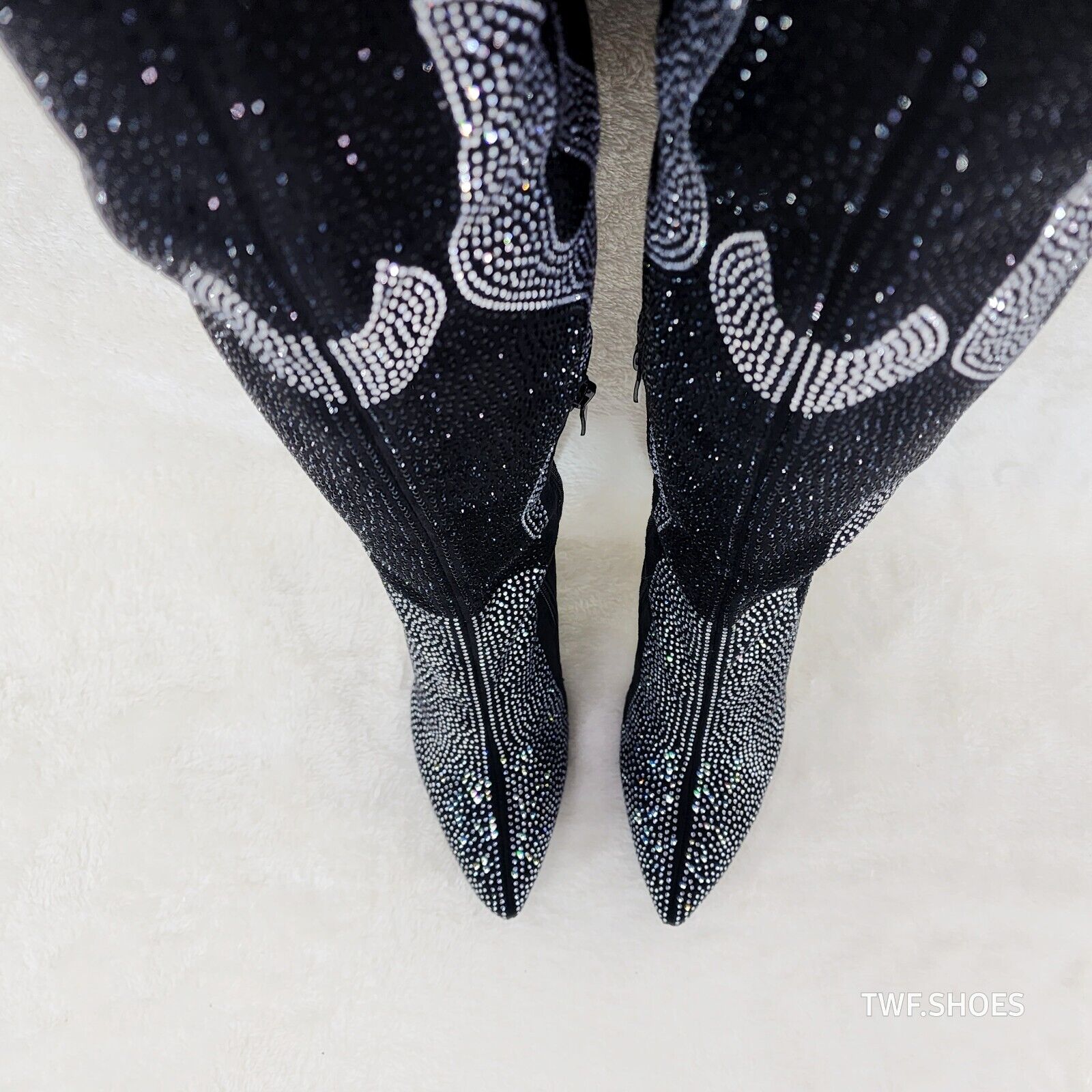Fiery Desire Black & Silver Rhinestone Flame Detail Sexy OTK Thigh Boots - Totally Wicked Footwear