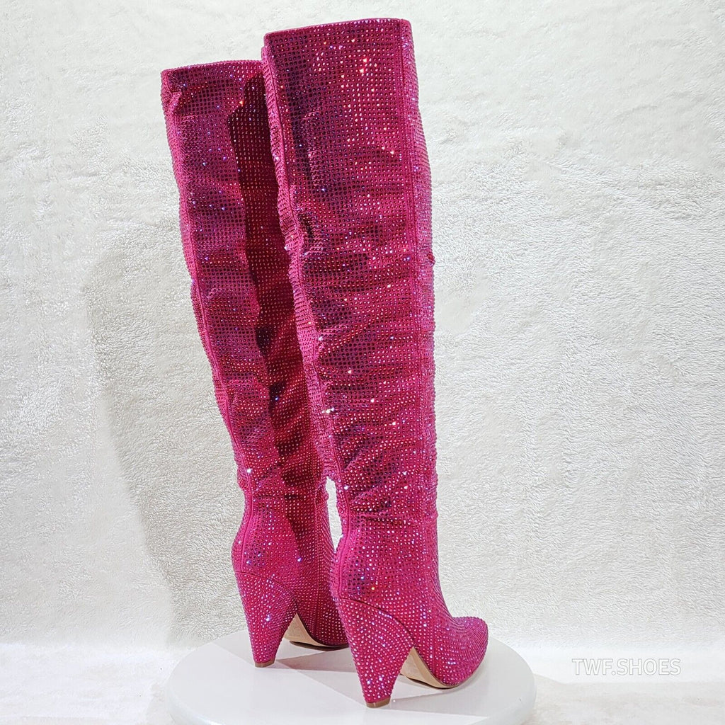 Vegas Fuchsia Pink Rhinestone Over the Knee Thigh boots 4.25" Heels Party Boots - Totally Wicked Footwear