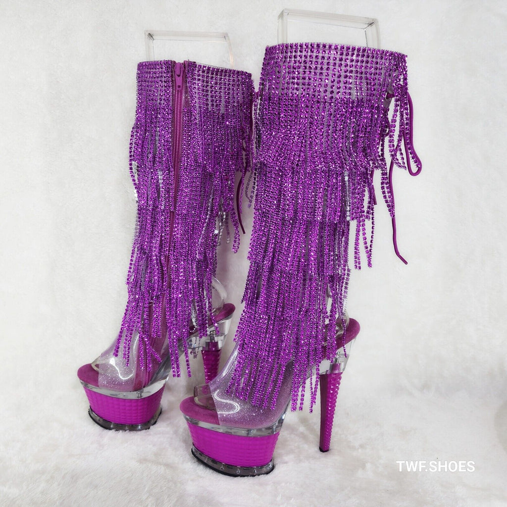 Illusion Fuchsia Pink Textured Platform Fringe High Heel Open Toe Knee Boots