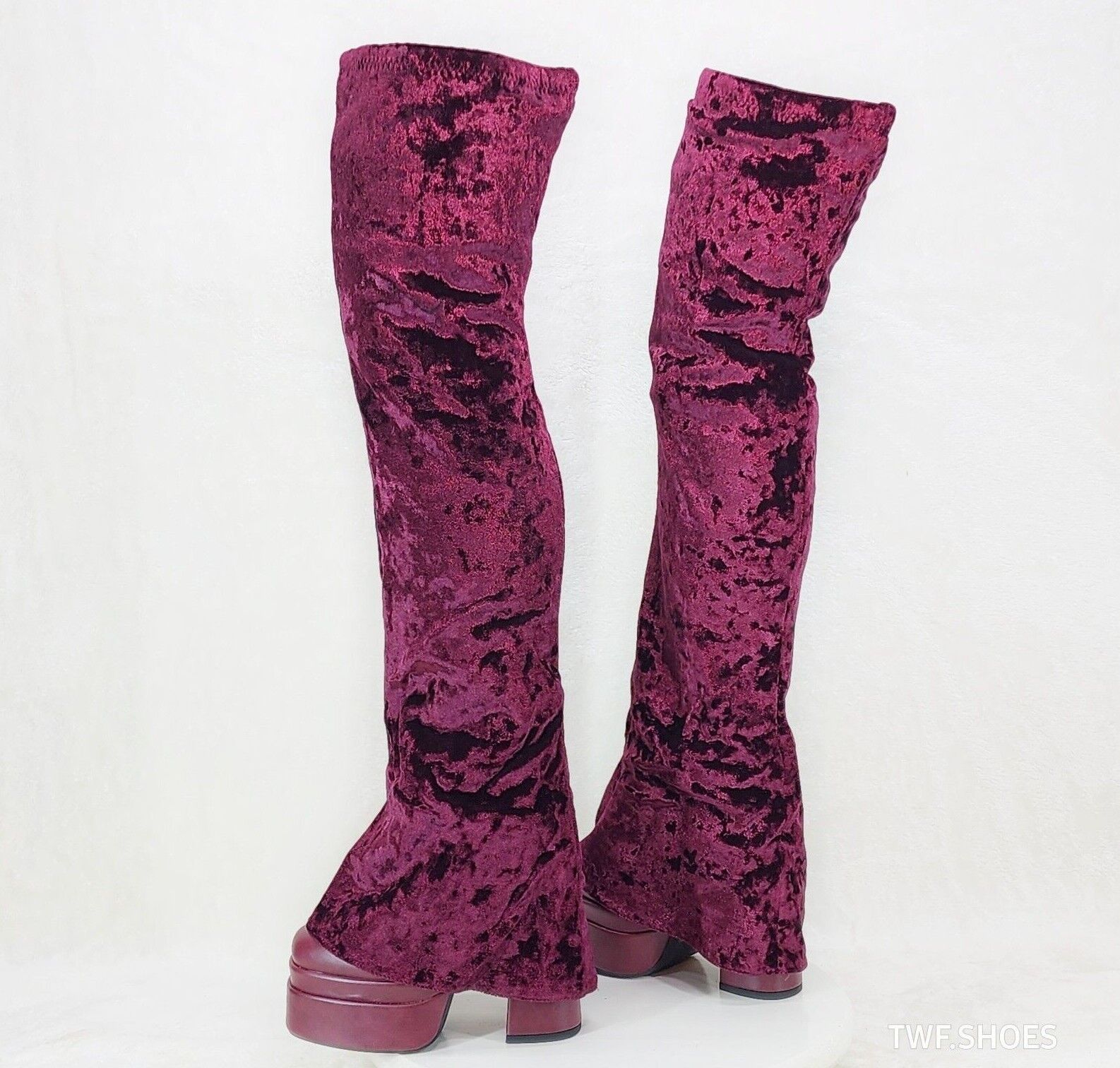 Unique Thigh High Wine Red Velvet Fold over Skirted Chunky Heel Platform Boots - Totally Wicked Footwear