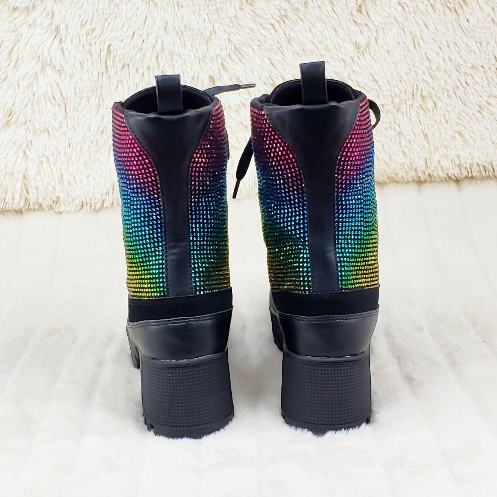 Queen Pin 2 Rainbow Rhinestone Lace Up Platform Combat Ankle Boots Restocked - Totally Wicked Footwear
